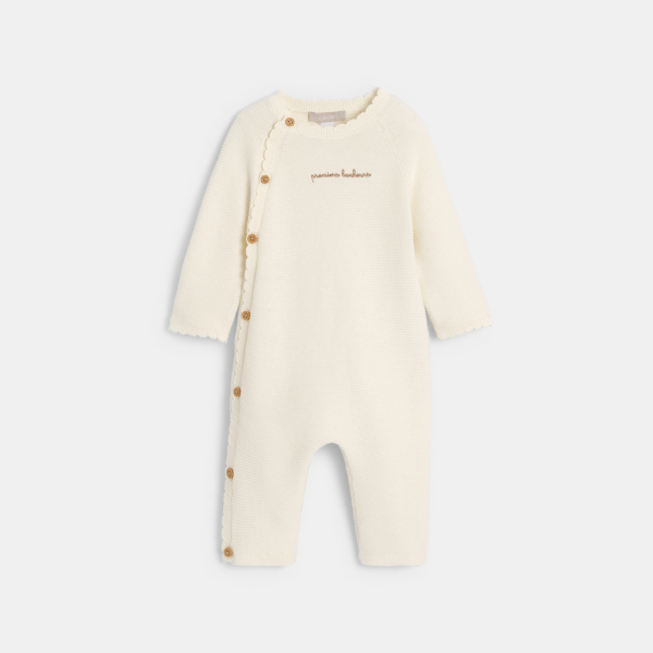 بدلة نوم طويلة منسوجة بالتريكو، باللون الأبيض، للفتيات الرُضع